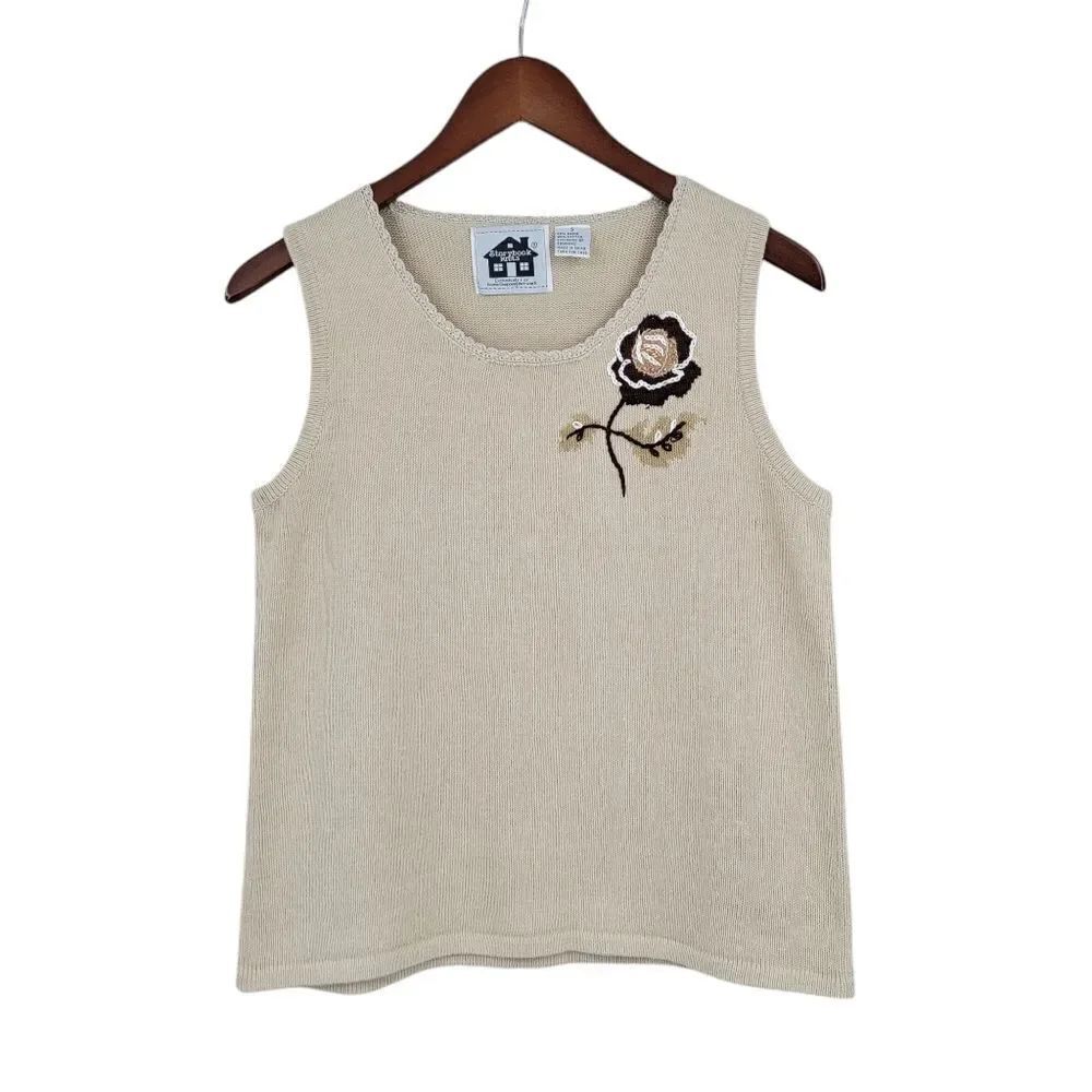 Storybook Knits Tank Tank Top with Brown Beaded Flower Coastal Grandma